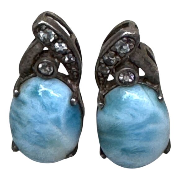 Marahlago Sterling Silver Larimar Gemstone Earrings CZ Accents Oval Shape Omega - Picture 3 of 6